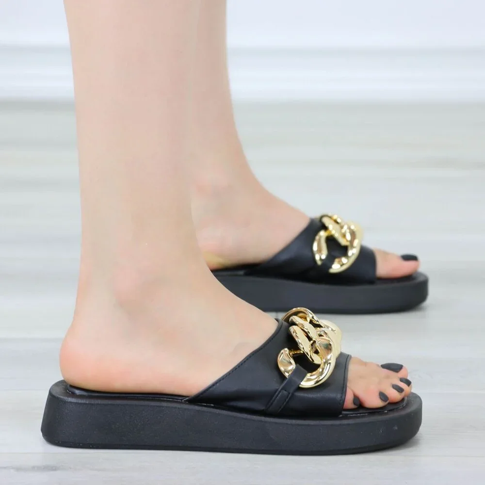Black Chunky Comfy Flat Sandal Slip On Sliders - Picture 7 of 14